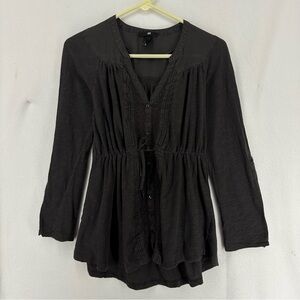 H&M Long Sleeve Button V Neck Embroidered Cinched Waist XS Gray Boho Cottagecore